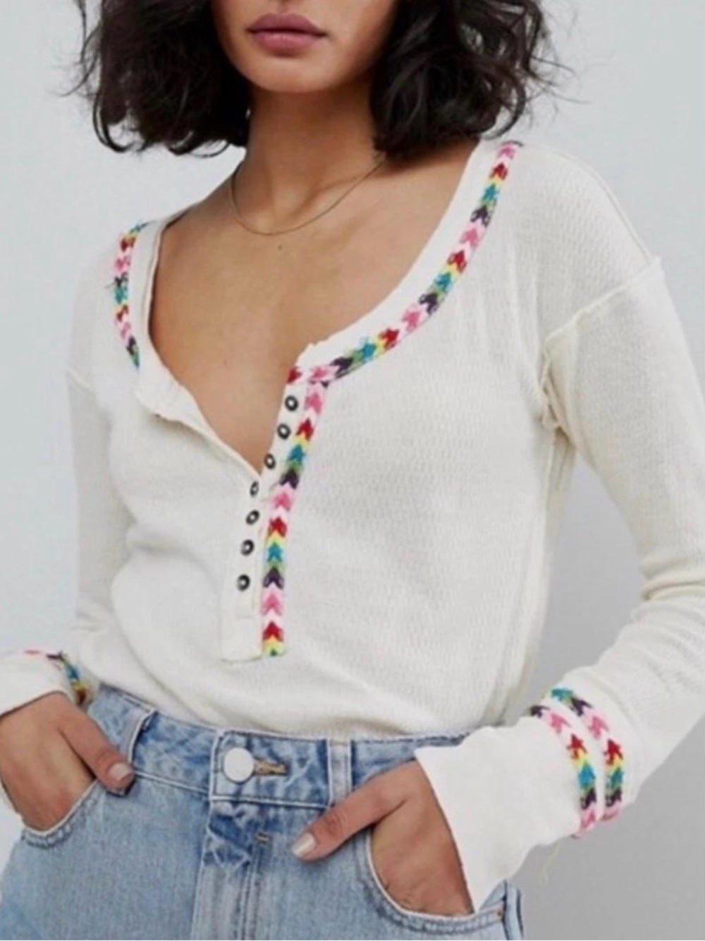 Free People Rainbow Waffle Henley in Cream
